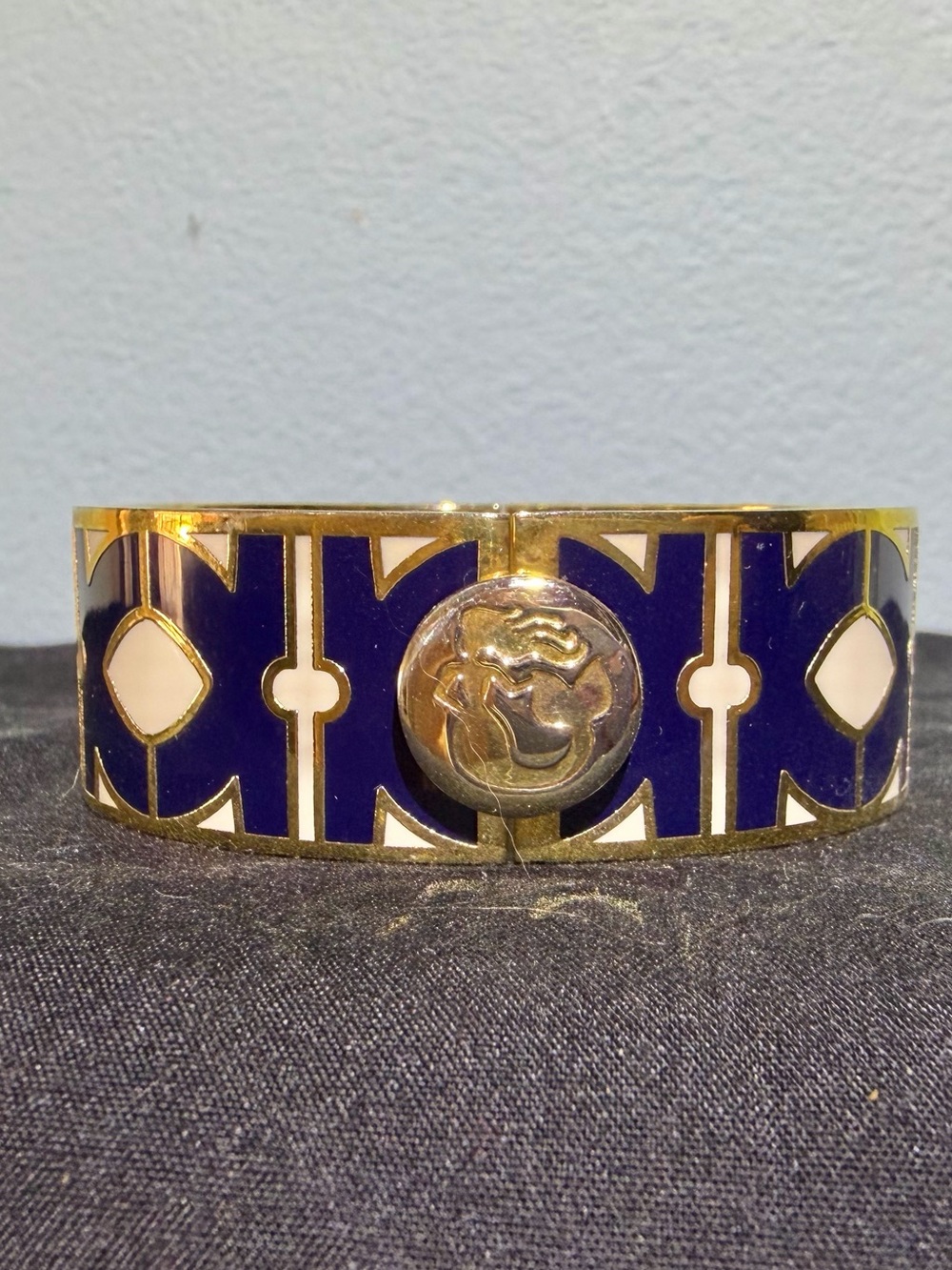 Authentic Spartina Gold Tone Blue Enamel Statement Cuff Bangle Bracelet